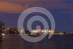 Washington DC night panorama at Potomac River waterfront.